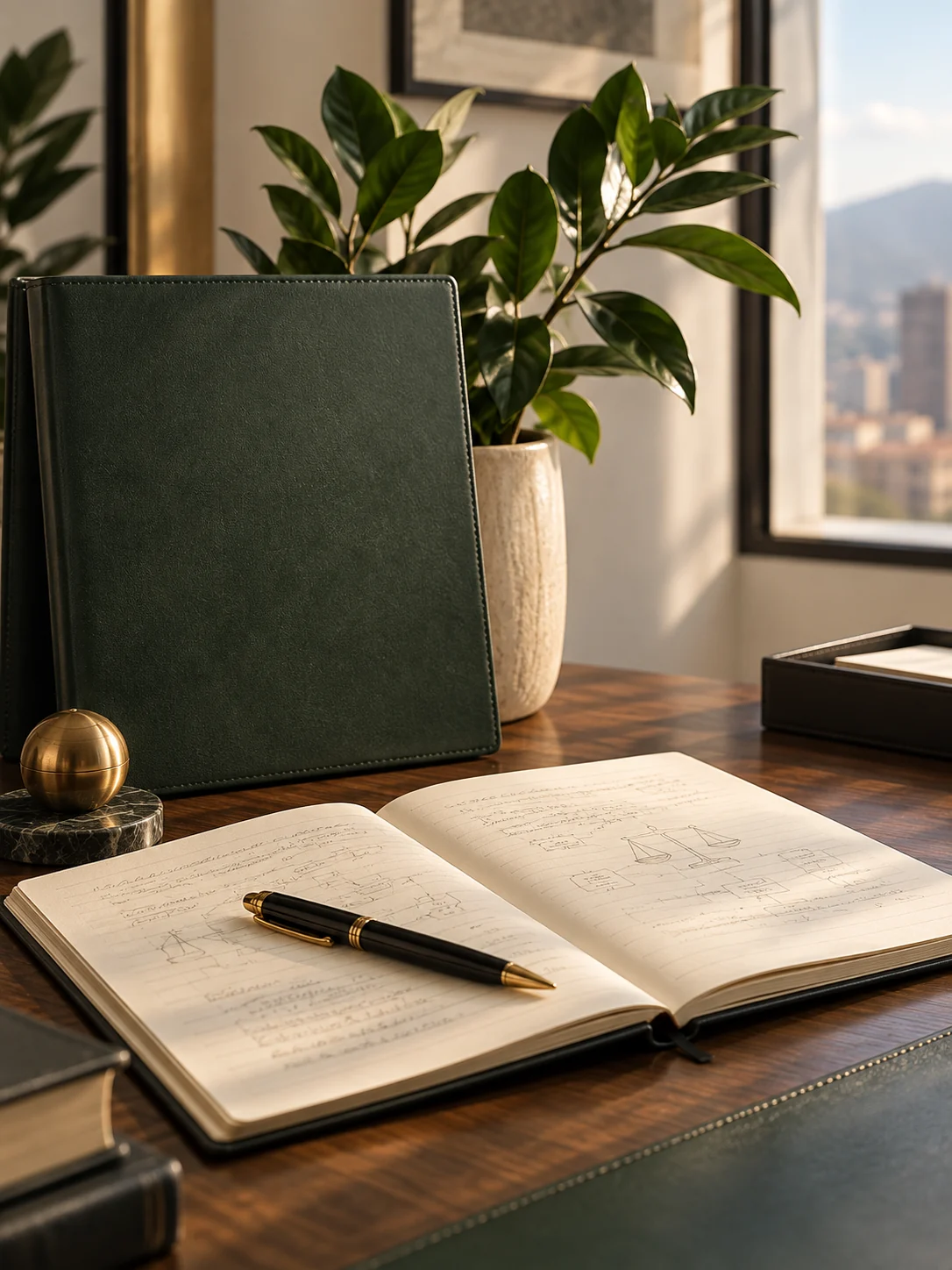 Carpeta, cuaderno y elementos de trabajo en una oficina jurídica