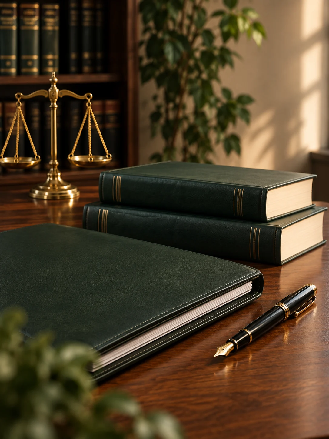 Libros jur&iacute;dicos, balanza y carpeta en una oficina